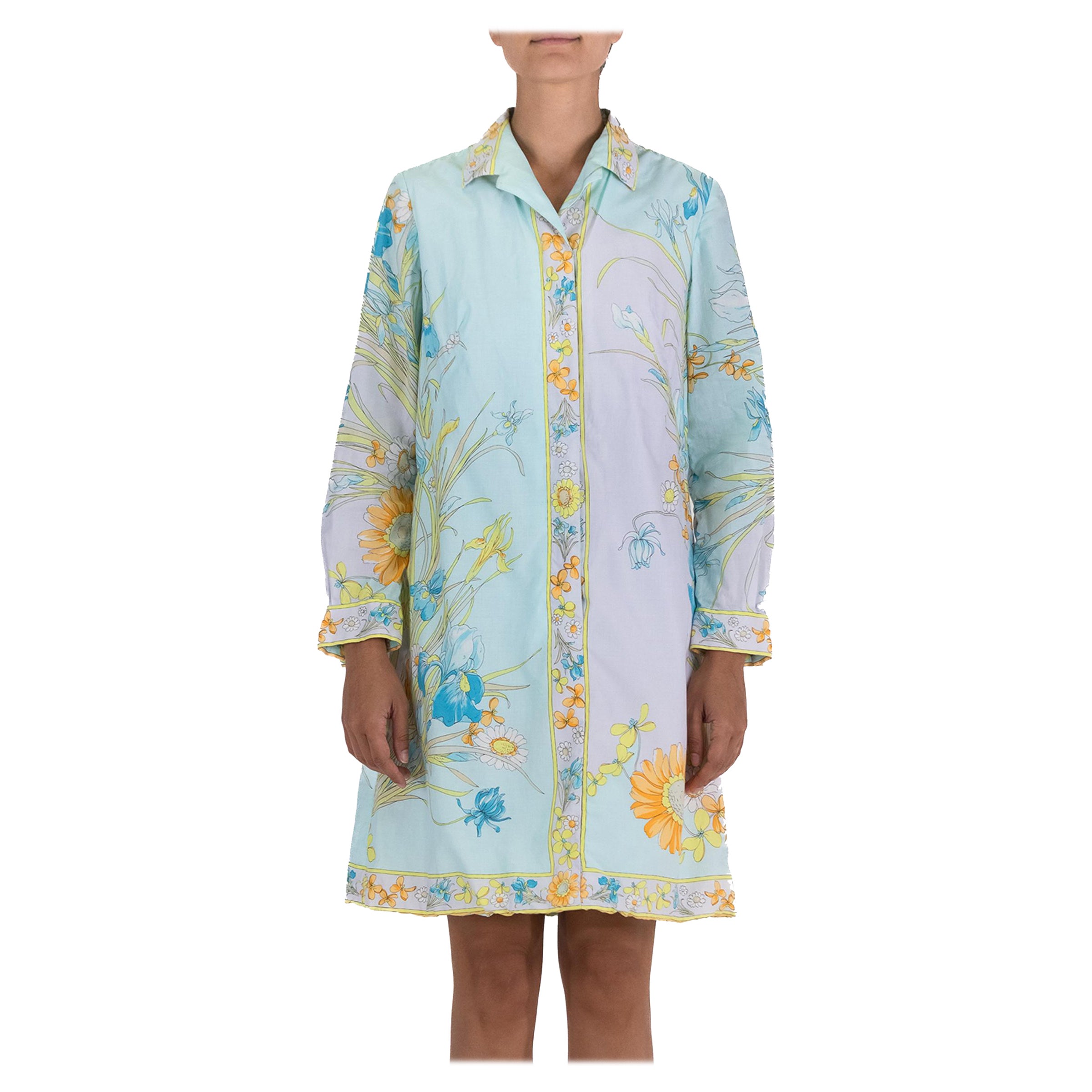 1970S Aqua Blue Shirt Dress With Flower Print For Sale