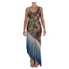 Morphew Atelier Black Bias Cut Silk Lame With Floral Embroidery And Blue Fringe