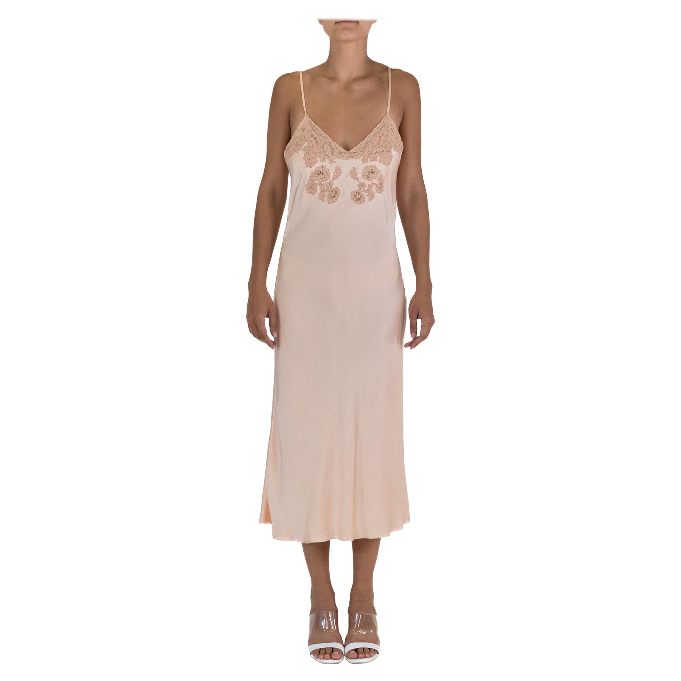 1940S Bontell Peach Silk Slip All Handmade With Lace Detail For Sale
