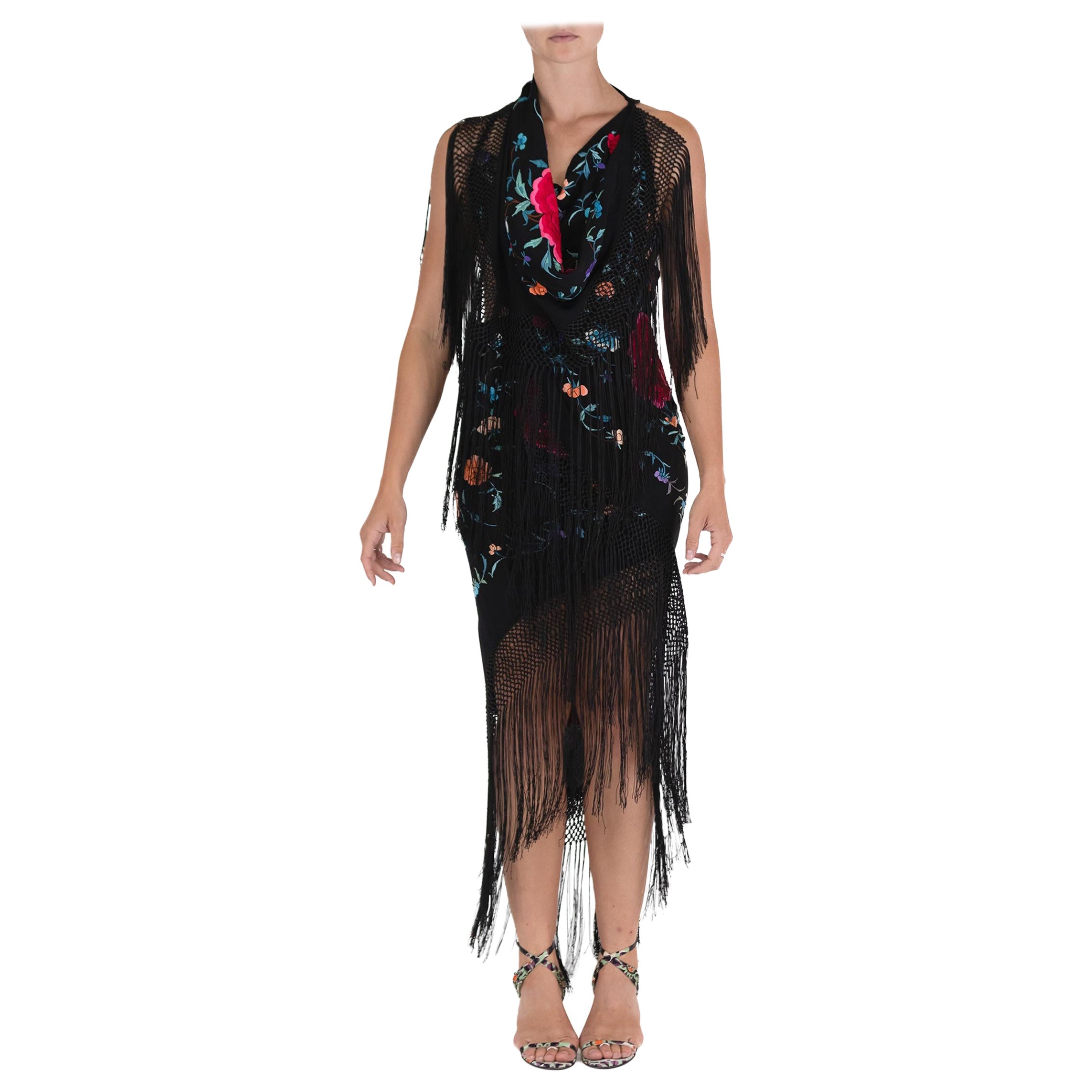 MORPHEW ATELIER Black Piano Shawl Dress With Pink And Blue Flower Embroidery For Sale