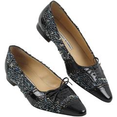 Manolo Blahnik Black Patent Leather & Tweed Flats Shoes Size 37.5 2