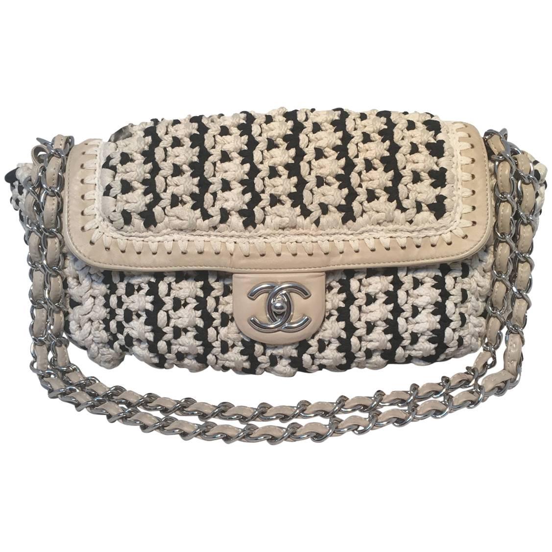 Chanel Limited Edition Black and White Woven Rope Classic Flap Shoulder Bag