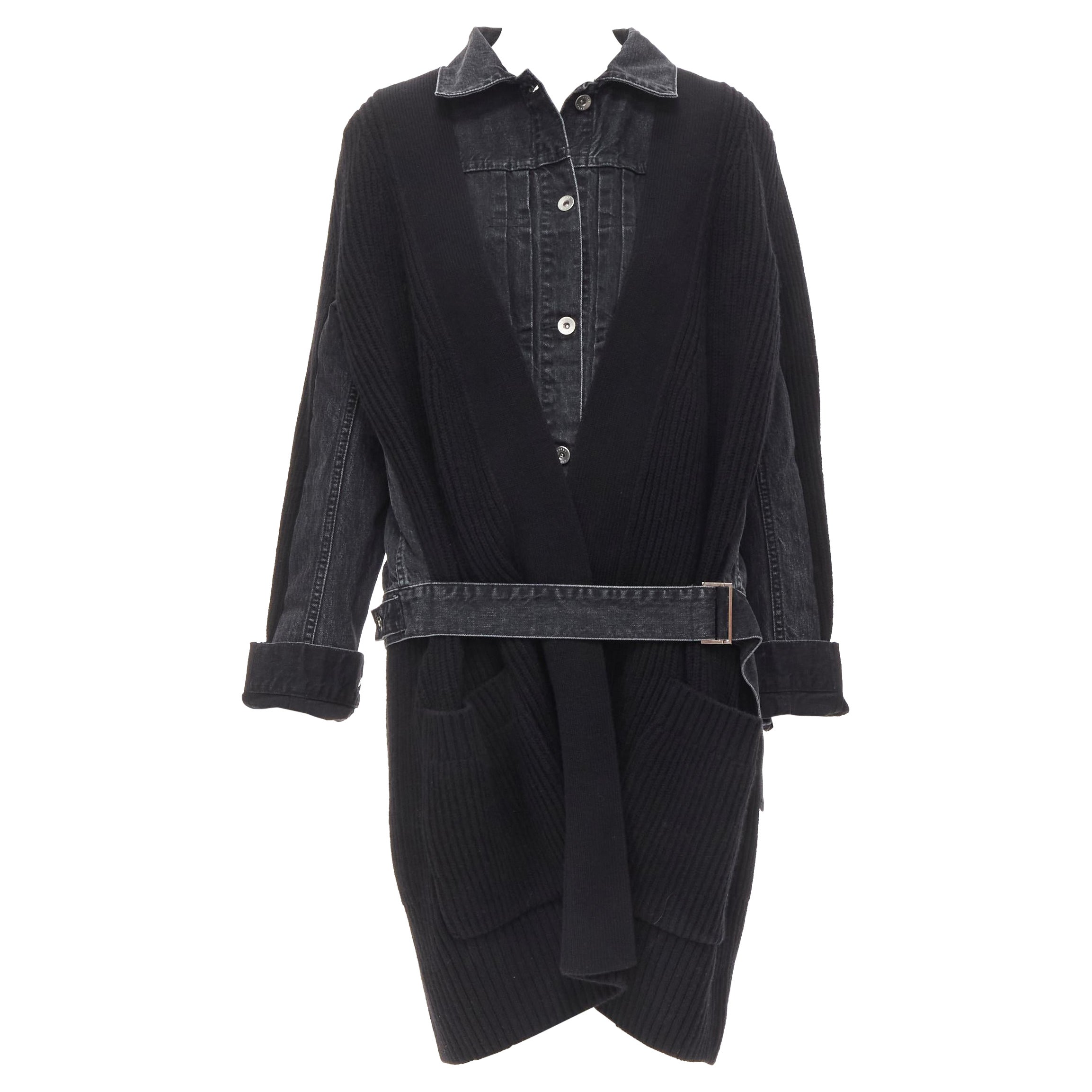SACAI 2020 black reconstructed washed denim ribbed cardigan coat JP3 L For Sale