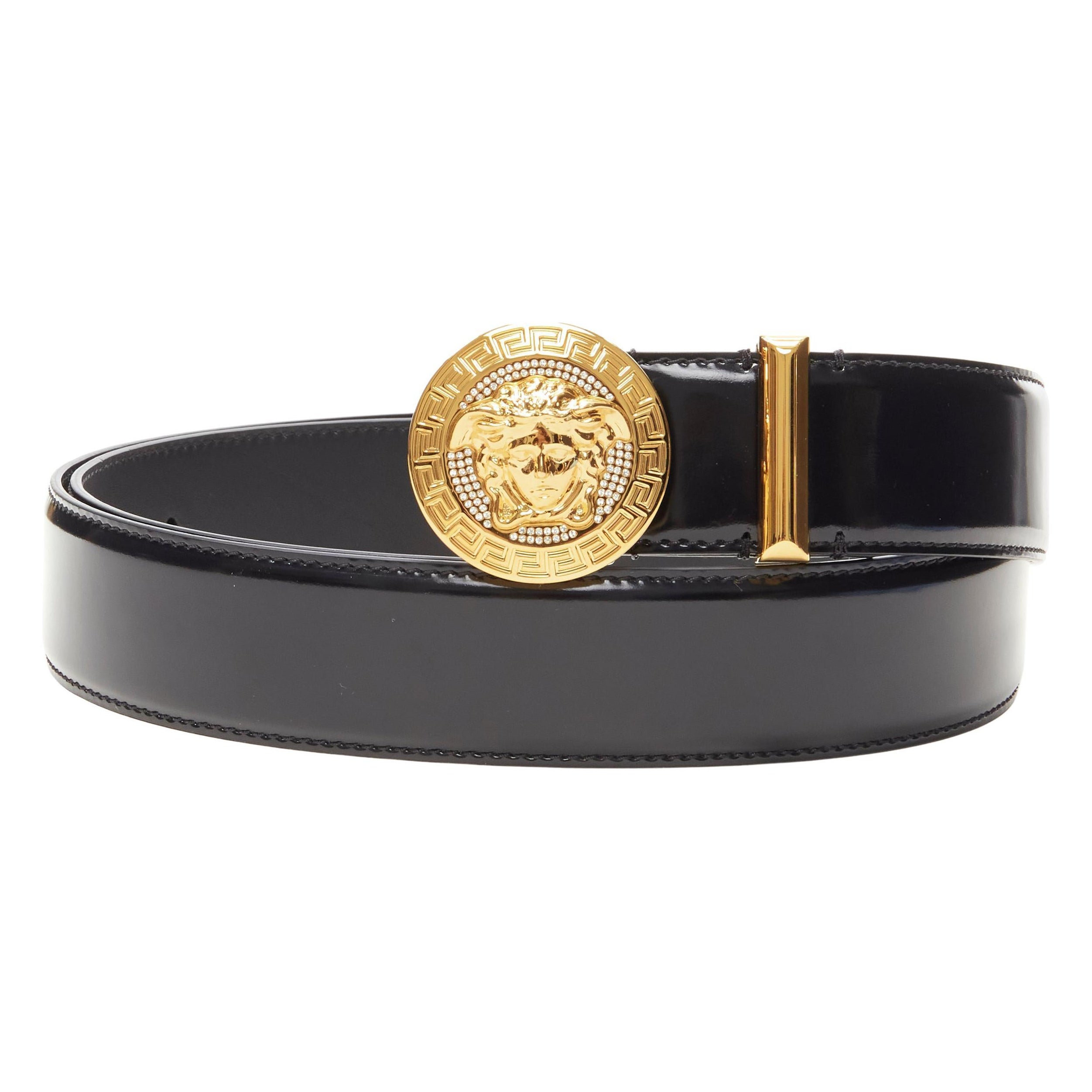 new VERSACE Medusa crystal gold Medallion coin black leather belt 90cm 34-38" en vente