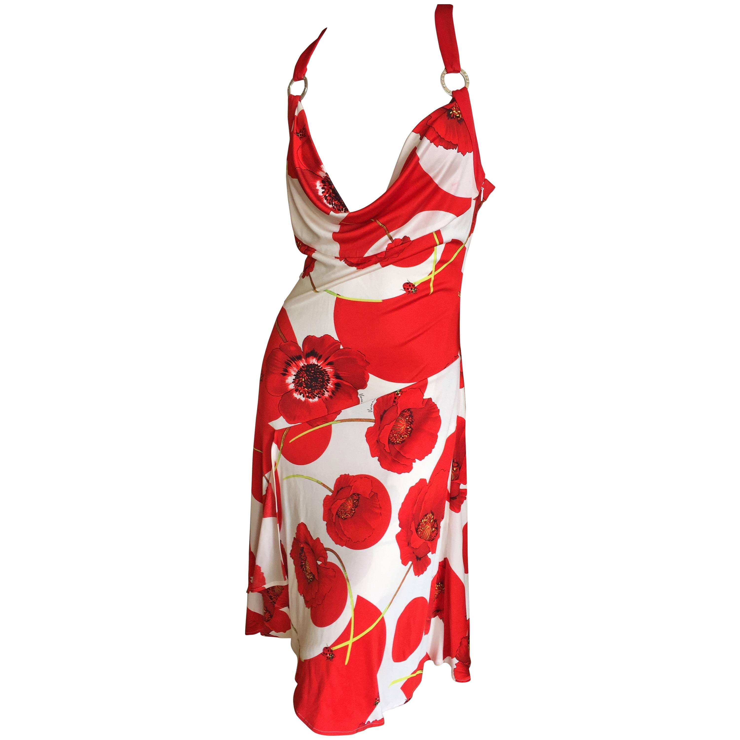 Versace Silk Jersey Dress w Ladybugs and Poppies For Sale