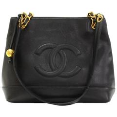 Vintage Chanel 11" Black Caviar Leather Medium Shoulder Tote Bag