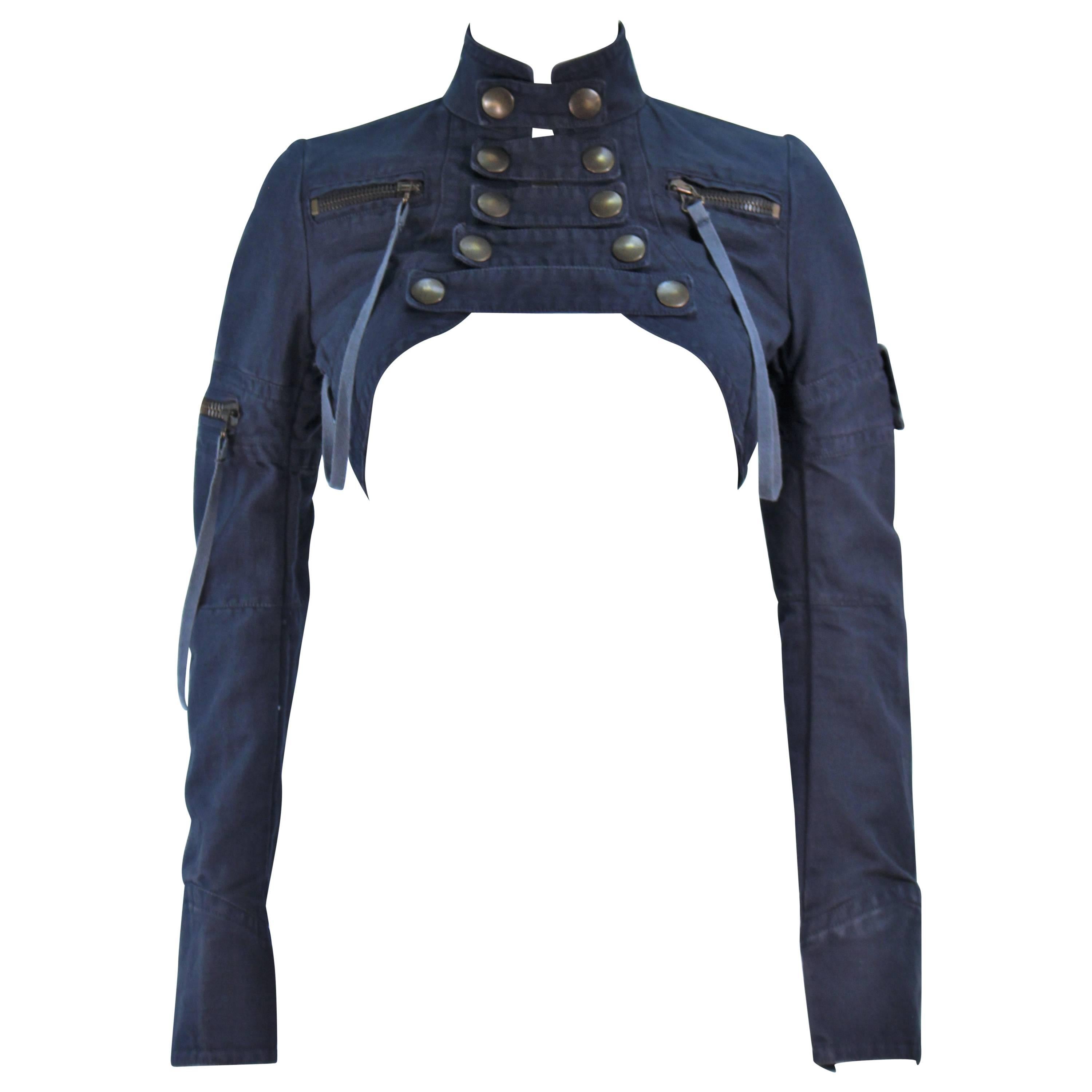 BALMAIN PARIS Blue Denim Snap Front Cropped Jacket with Brass Hardware Size 36