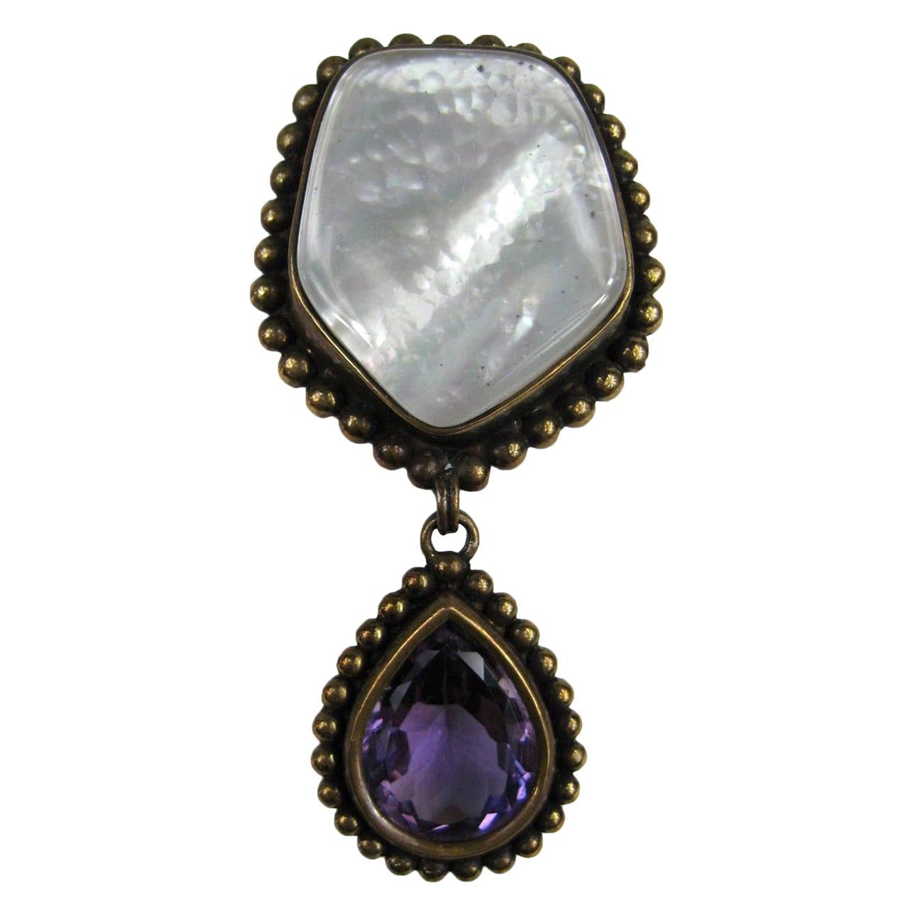 Stephen Dweck Bronze Amethyst & Mother of pearl Brooch Pin New, Never worn 1980s For Sale