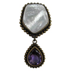 Stephen Dweck Bronze Amethyst & Mother of pearl Brooch Pin New, Never worn 1980s