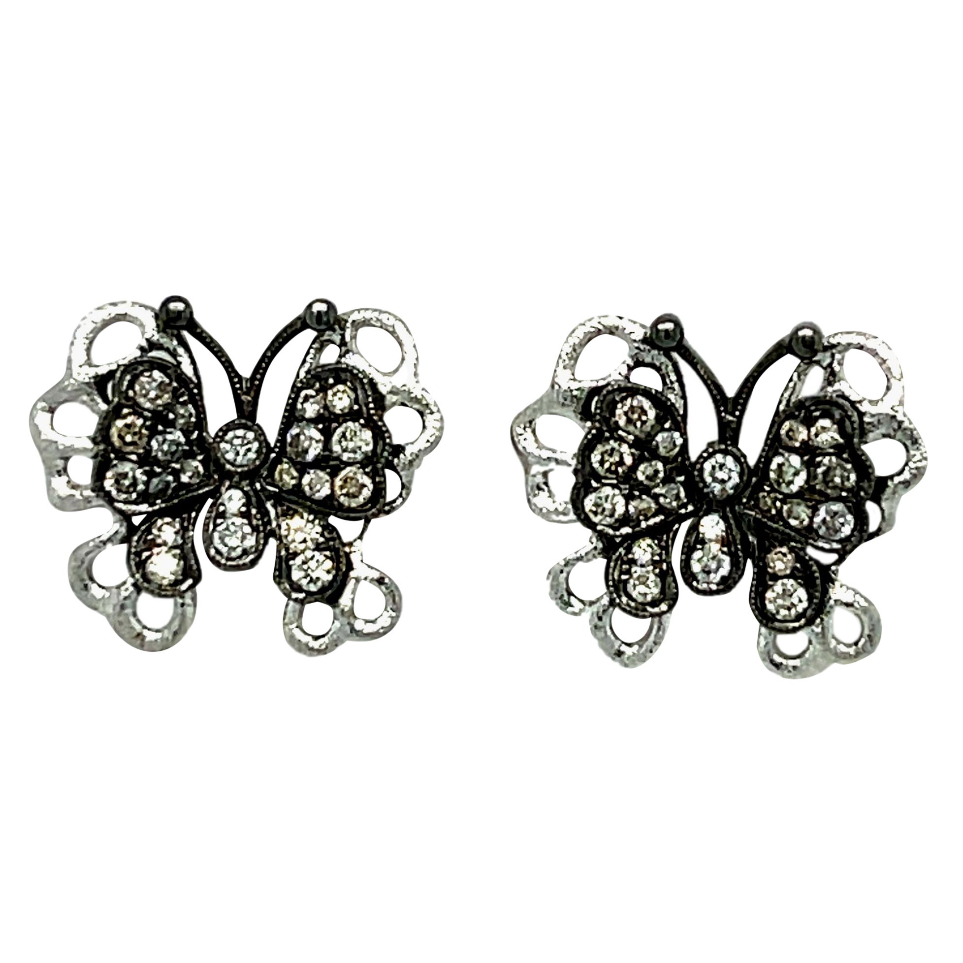 Black and White Diamond Butterfly stud Earrings in 18KW Gold