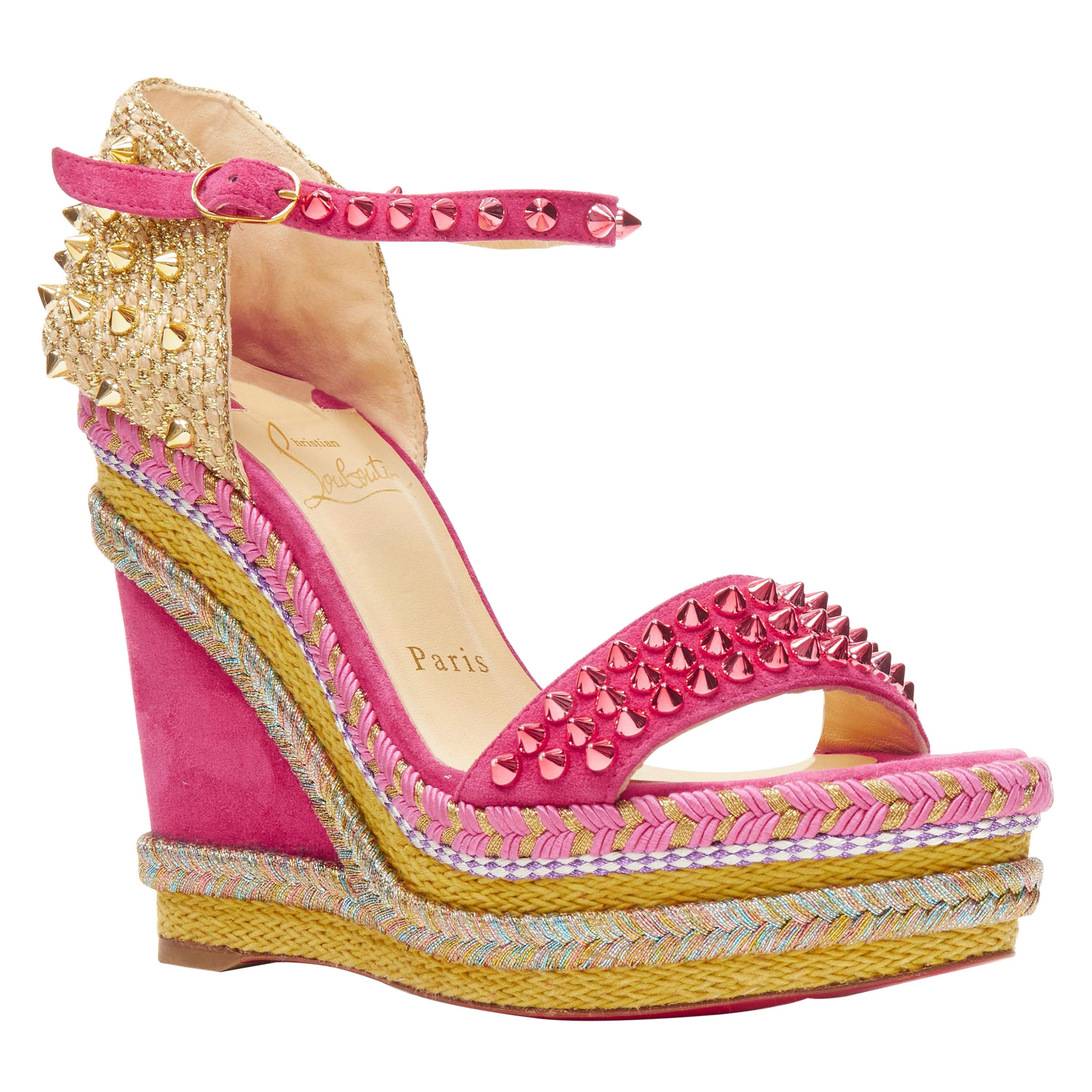 new CHRISTIAN LOUBOUTIN Madmonica 120 pink studded cork wedge platform heel EU37