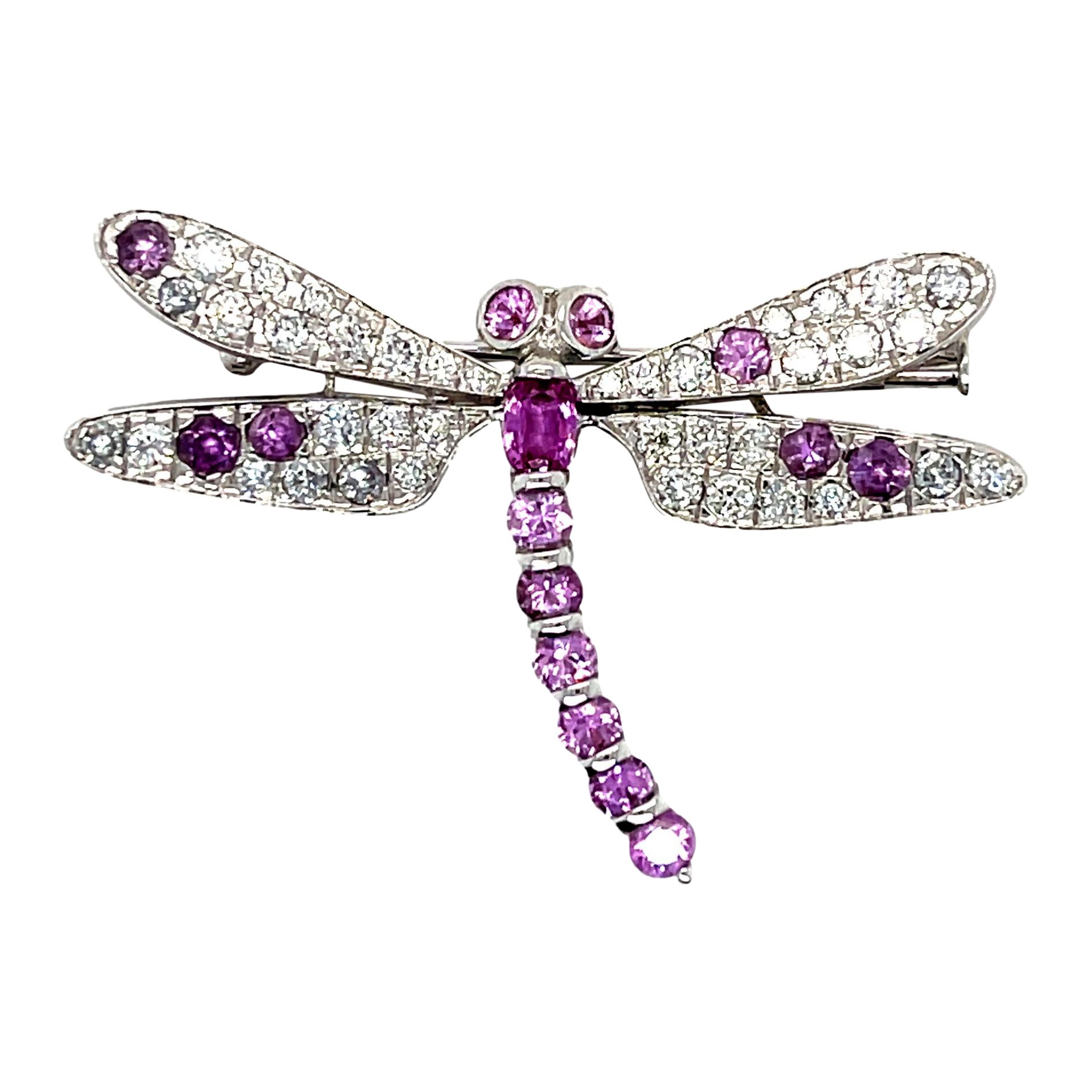 Pink Sapphire and Diamond Butterfly Brooch in 18KW Gold For Sale