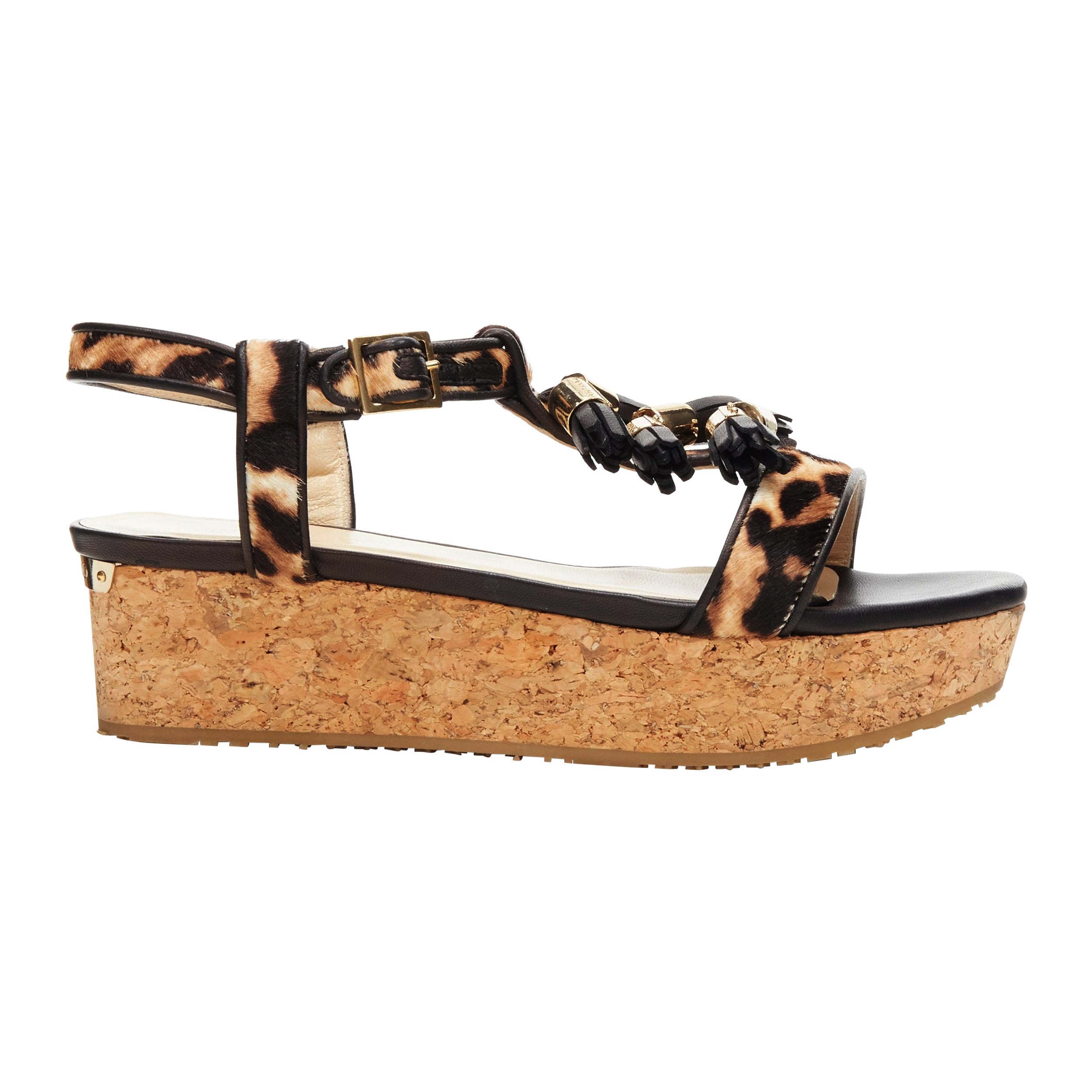 new JIMMY CHOO 141nerine leopard leather black tassel cork platform sandals EU36 For Sale