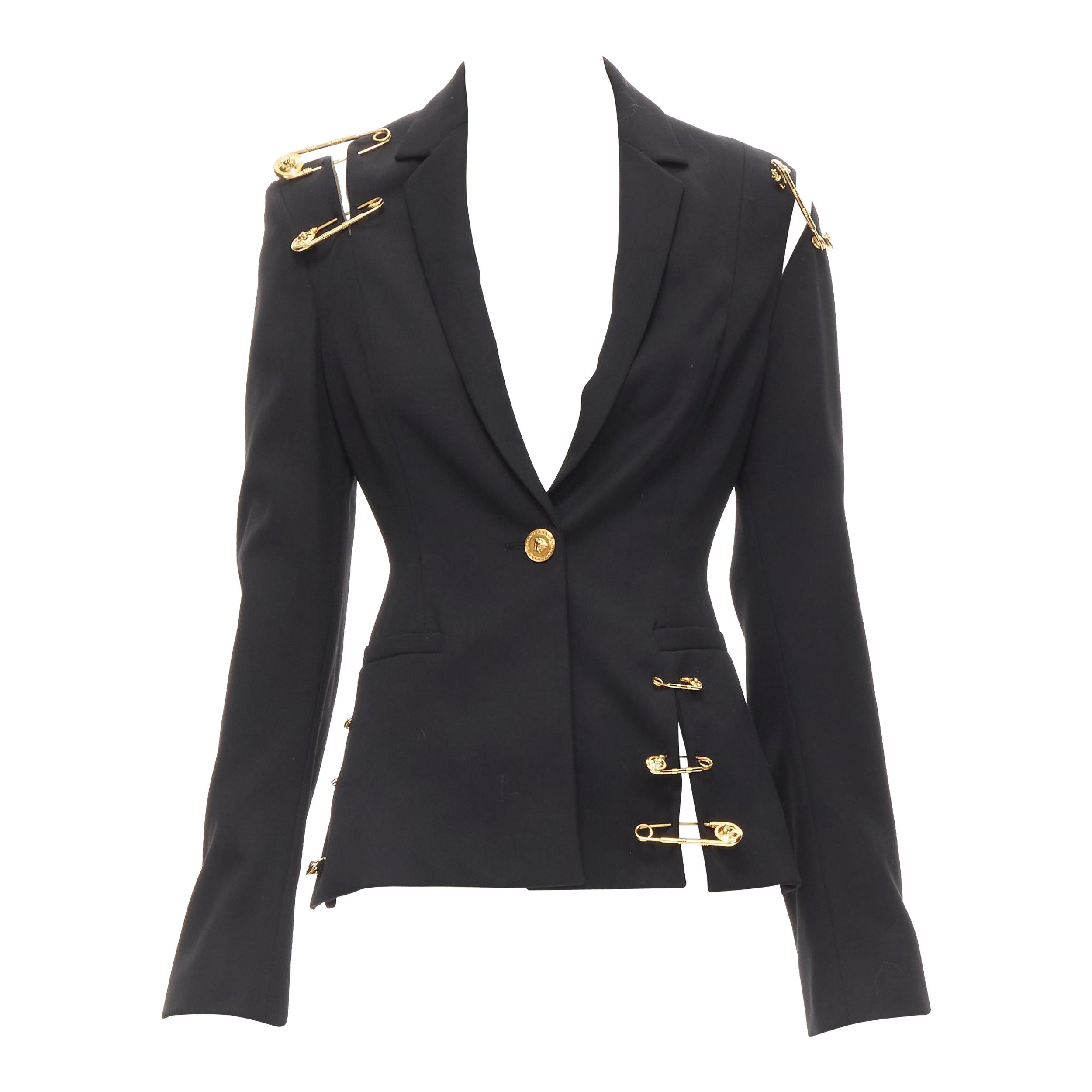 rare VERSACE black wool gold Medusa safety pin punk blazer jacket IT38 XS