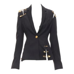 Seltene VERSACE Punk-Blazerjacke aus schwarzer Wolle mit goldener Medusa-Sicherheitsnadel IT38 XS