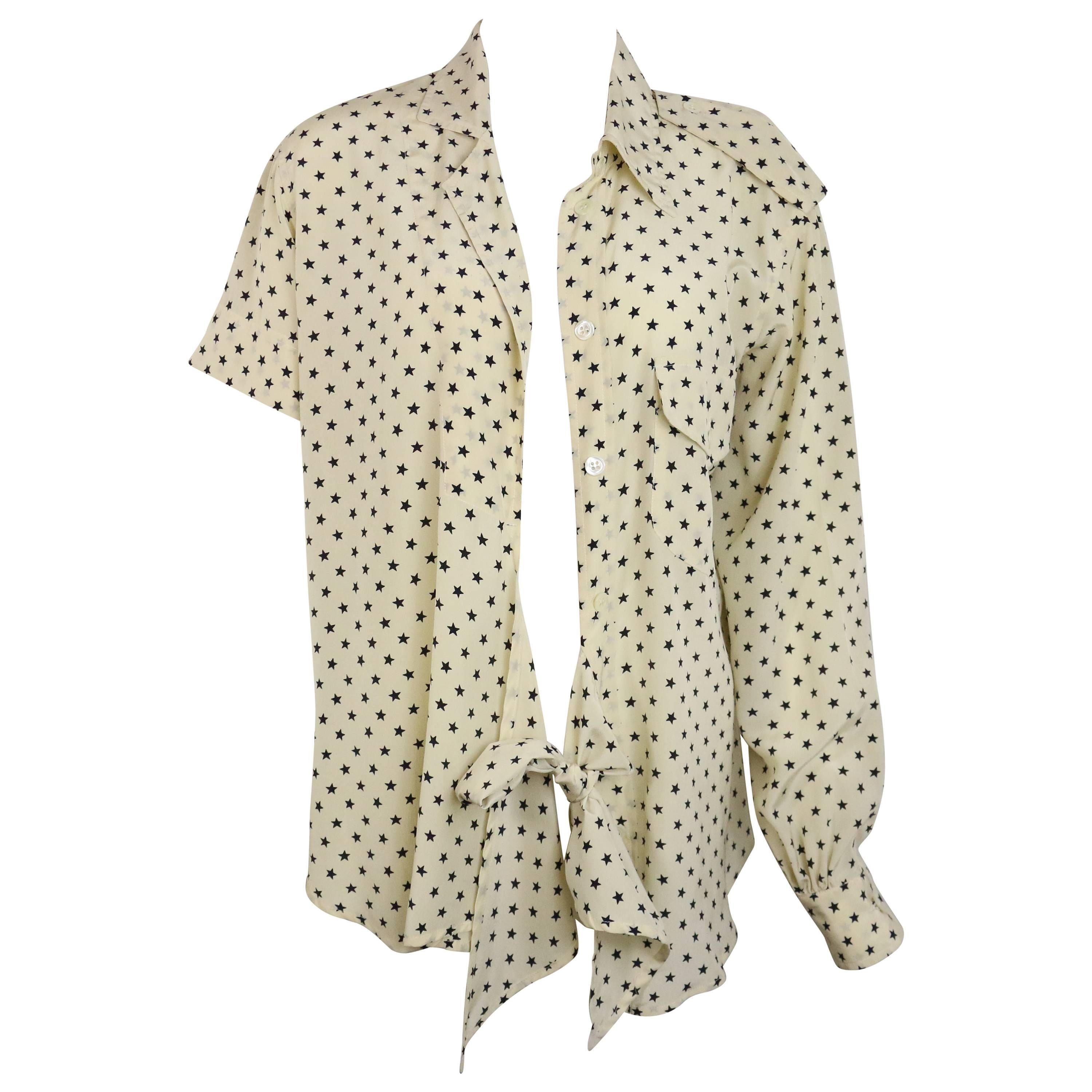 Moschino Couture Ivory Star Pattern Asymmetric Silk Shirt For Sale