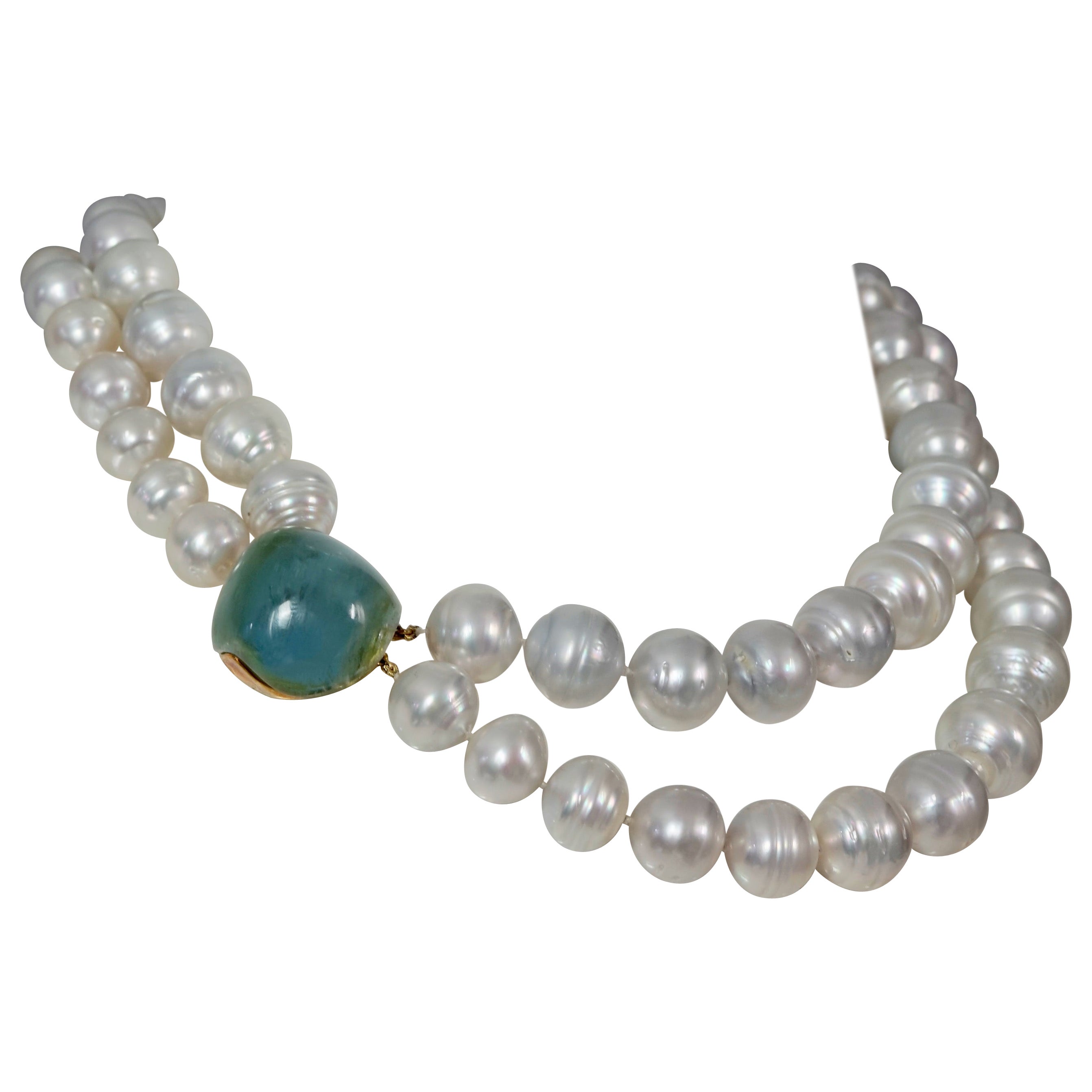 Vintage NICHOLAS VARNEY Green Beryl Gemstone Two Strand Baroque Pearl Necklace For Sale