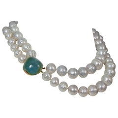 Vintage NICHOLAS VARNEY Green Beryl Gemstone Two Strand Baroque Pearl Necklace