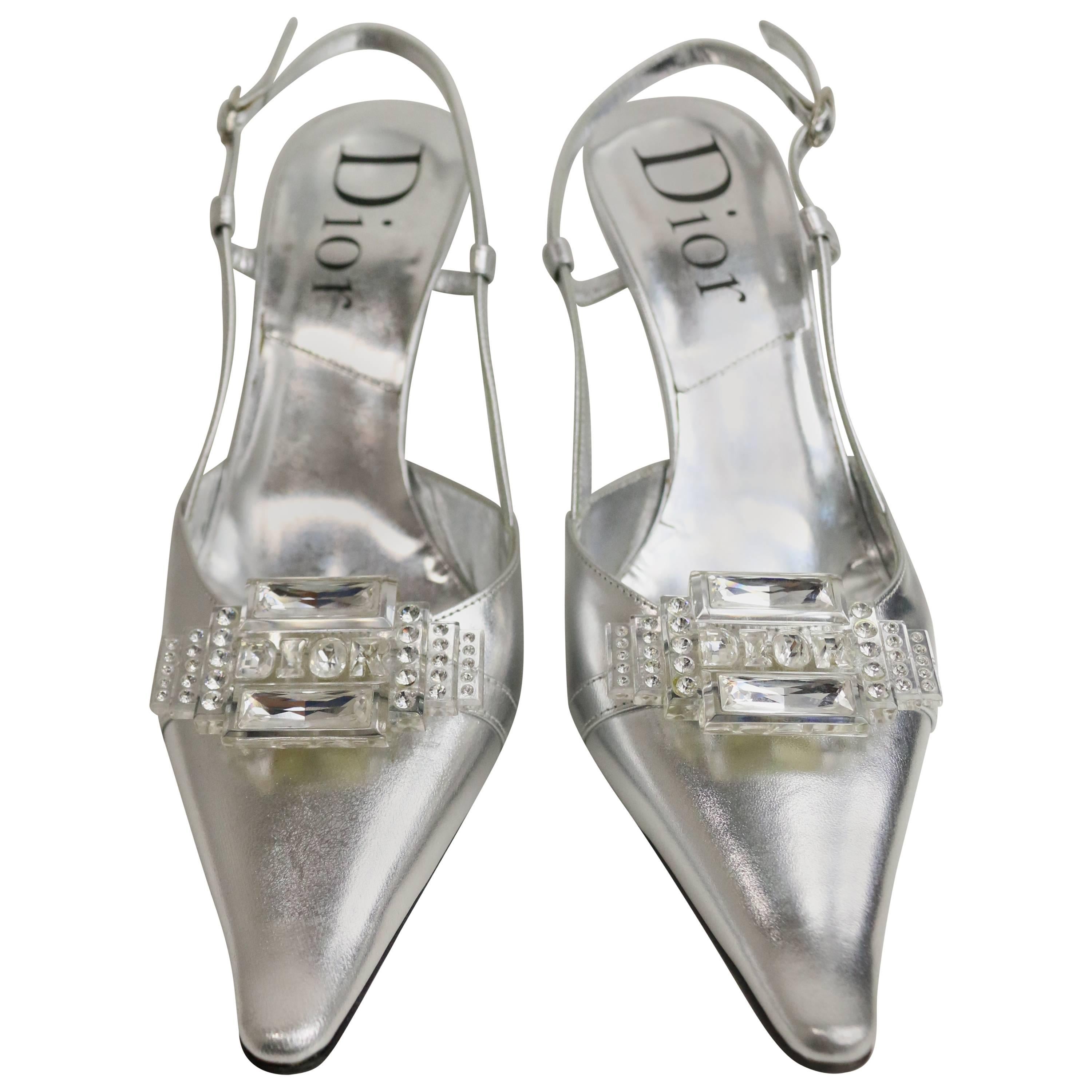 Christian Dior Silver Metallic Slingback Pointy Heels 