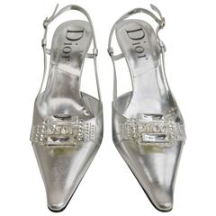 Christian Dior Silver Metallic Slingback Pointy Heels