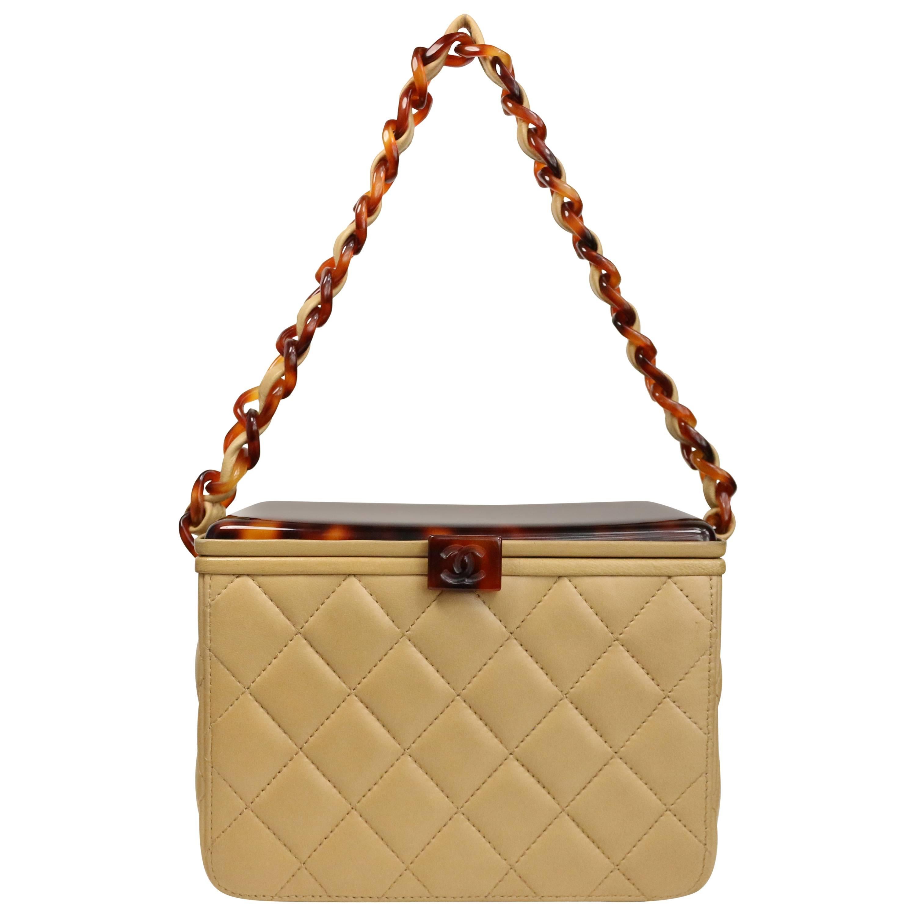 Chanel Beige Leather Quilted Tortoise Lucite Top Box Bag