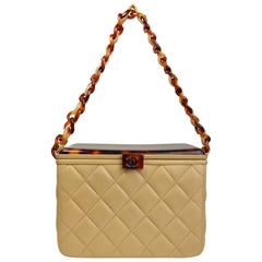 Vintage Chanel Beige Leather Quilted Tortoise Lucite Top Box Bag