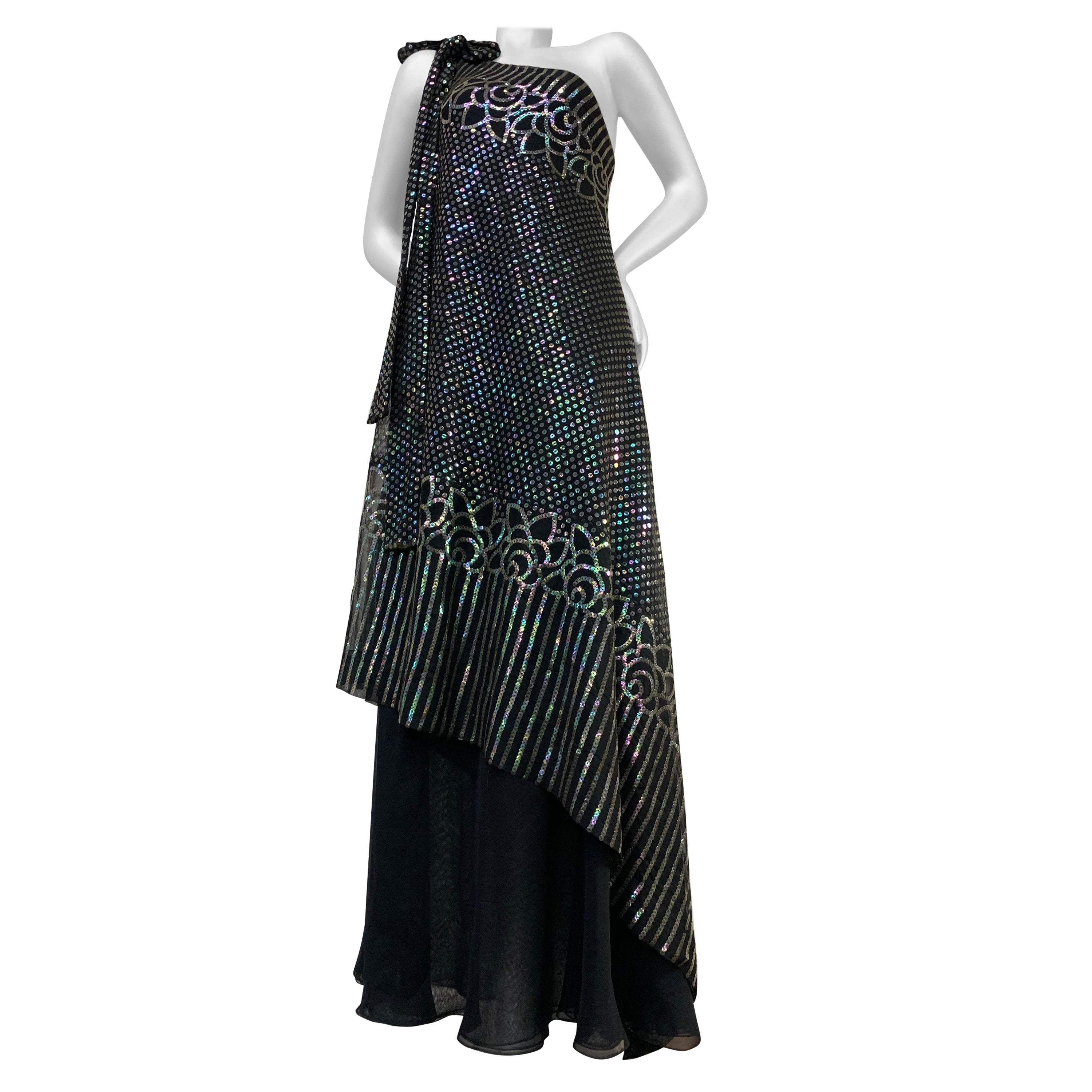 1970 Ruben Panis Black Chiffon Hologram Sequin Art Deco Styled One-Shoulder Gown For Sale