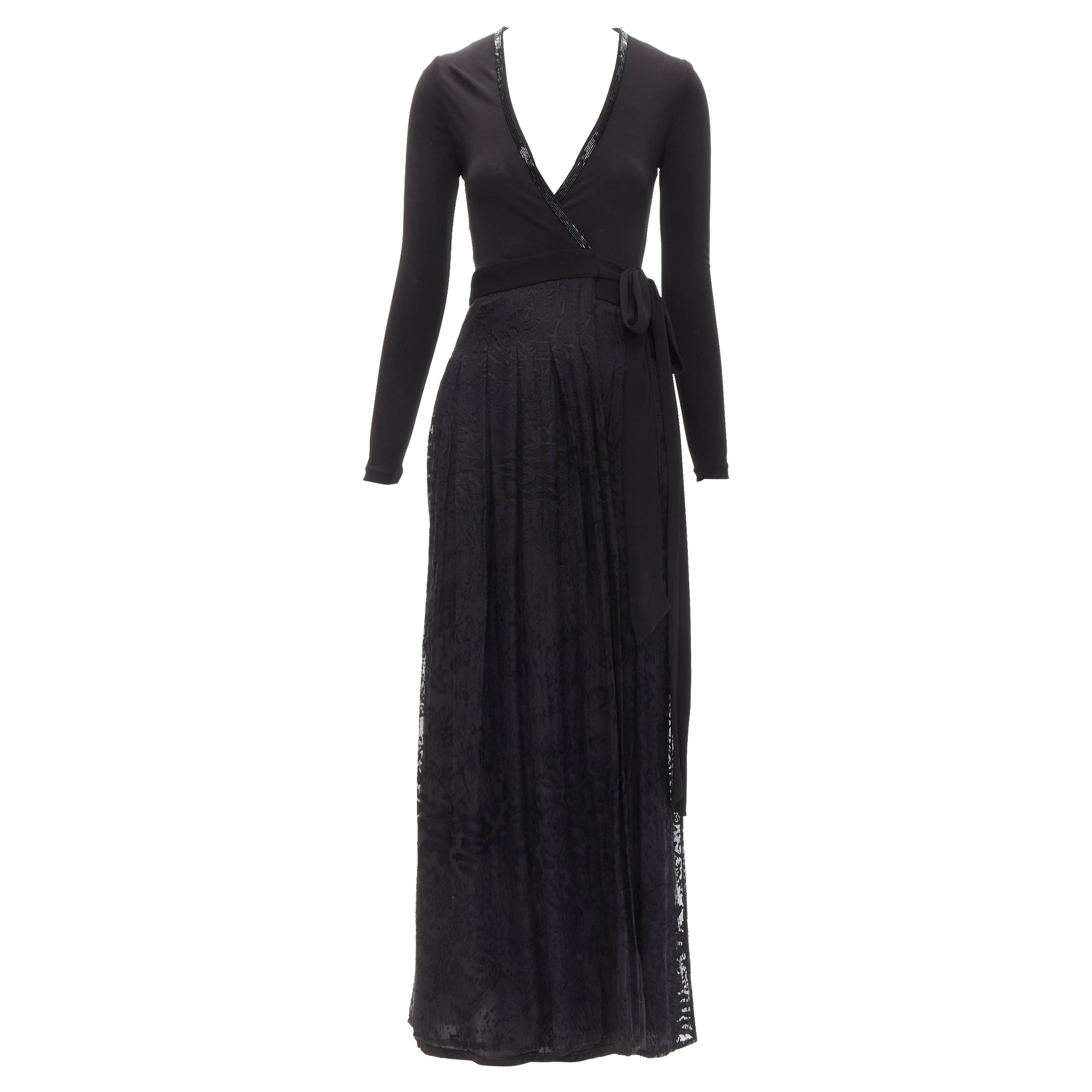DIANE VON FURSTENBERG black silk bead embellished wrap maxi dress US0 XS For Sale