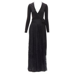Used DIANE VON FURSTENBERG black silk bead embellished wrap maxi dress US0 XS