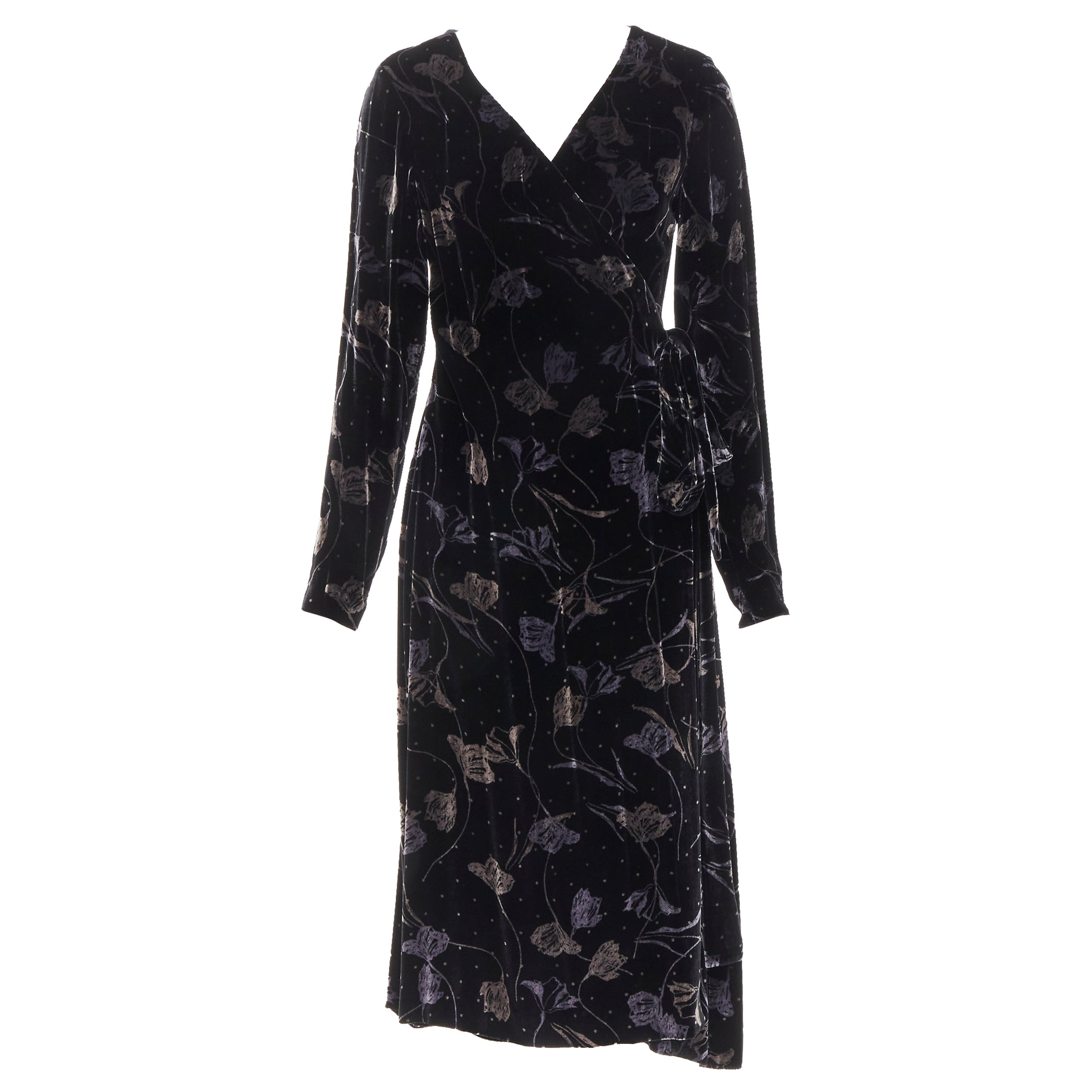 DIANE VON FUSTENBERG black floral print velvet wrap dress robe XS For Sale