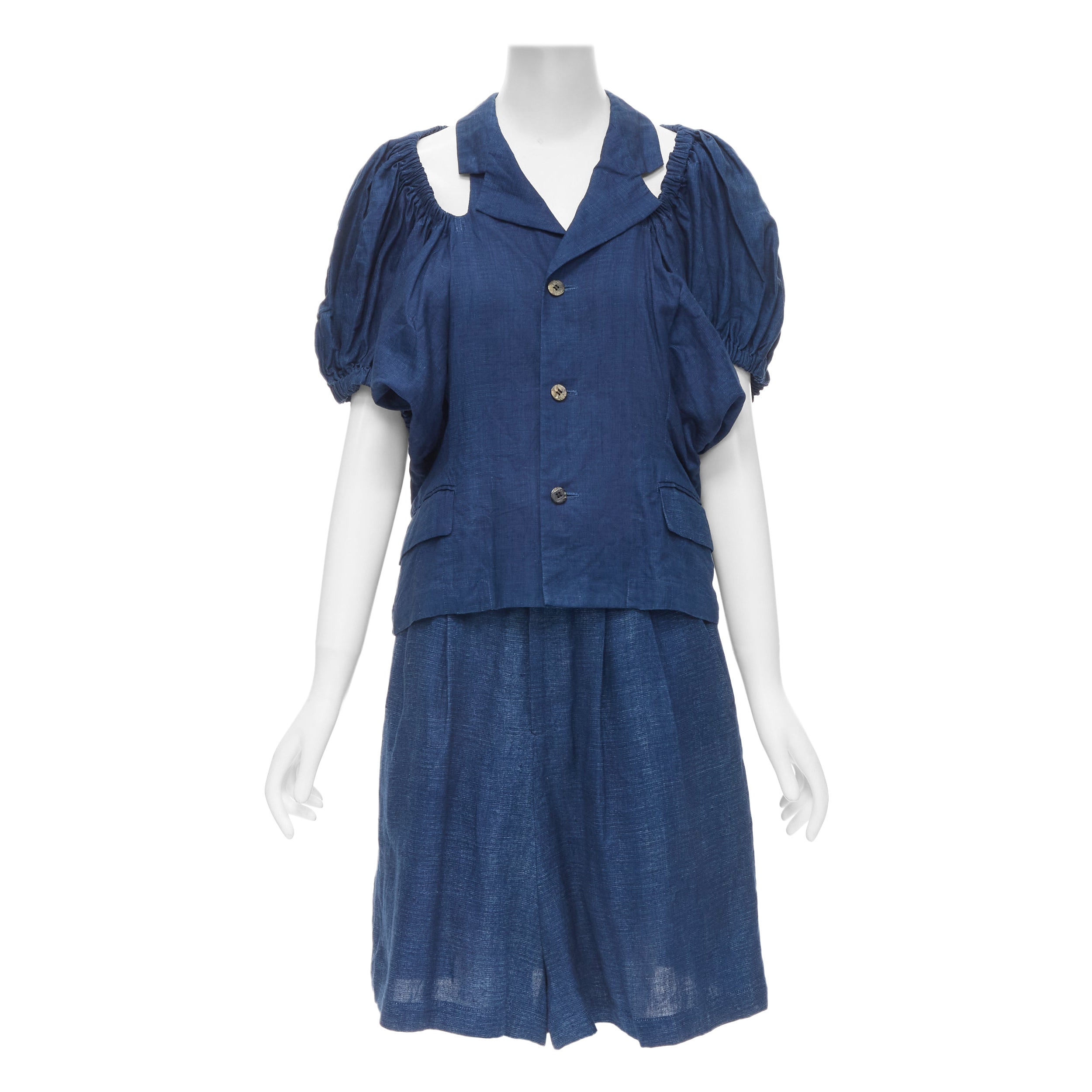 vintage COMME DES GARCONS 1989 blue linen ruched sleeve cut out top shorts set M For Sale