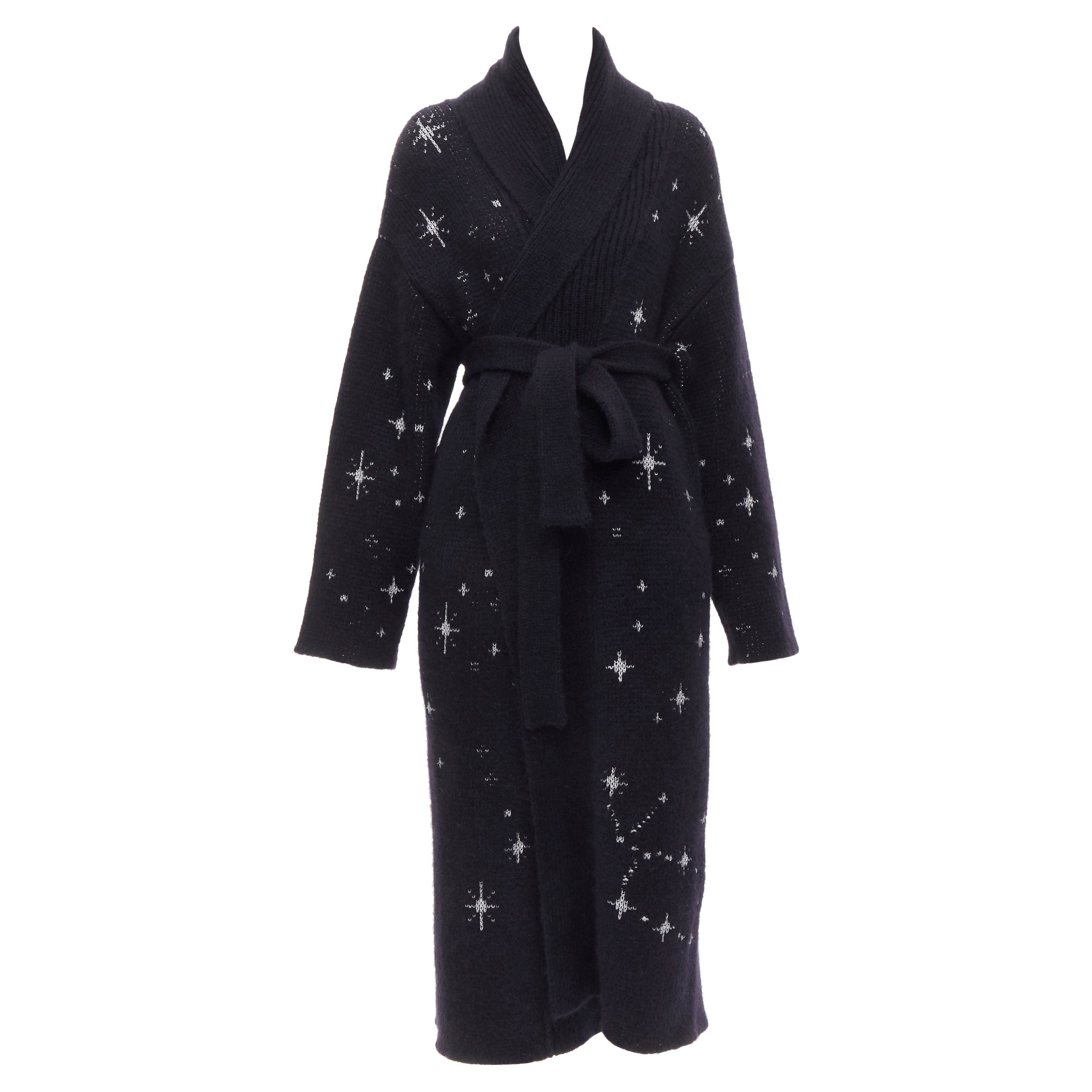 ALANUI alpaca wool chunky knit navy blue silver starburst cardigan coat robe M For Sale
