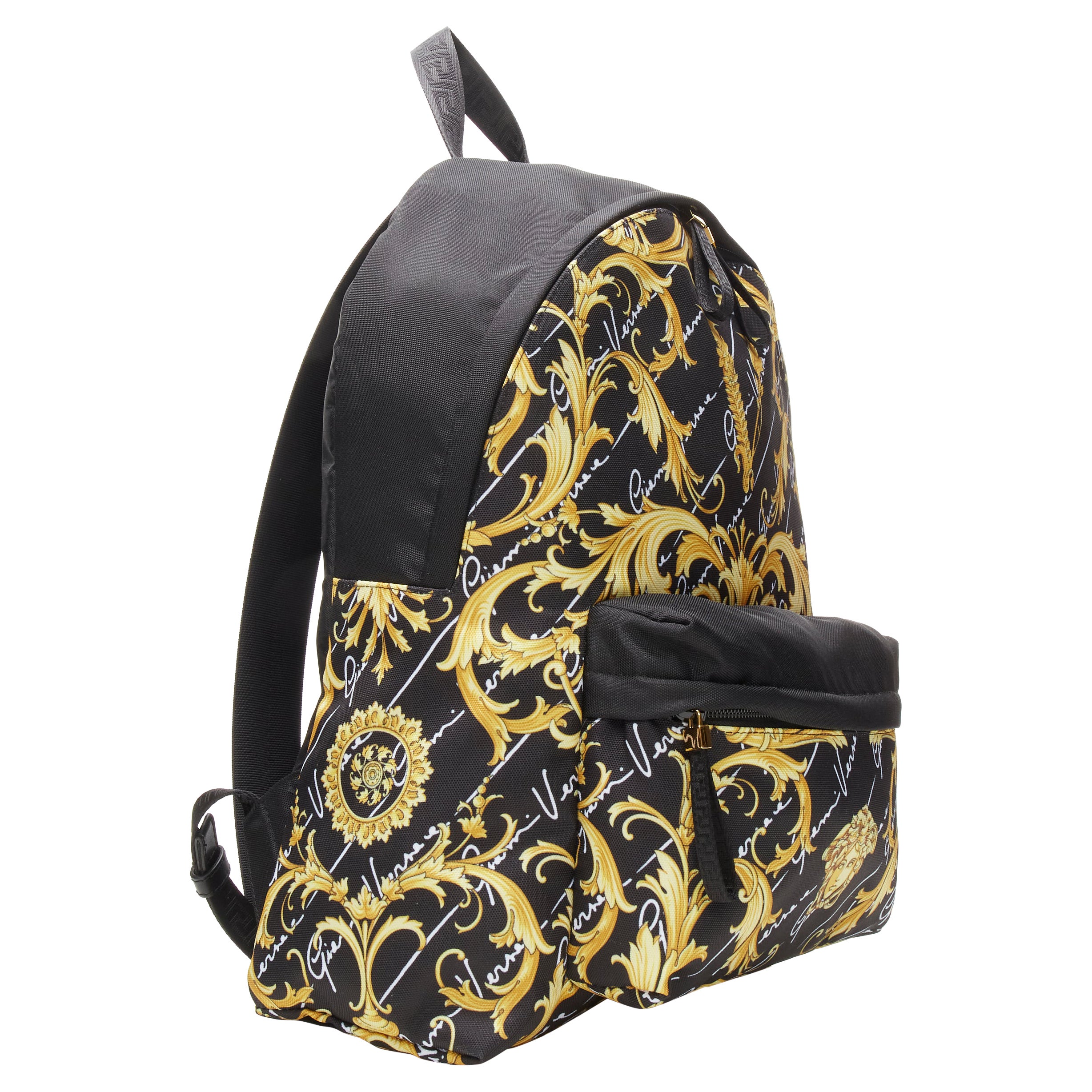 new VERSACE Gianni Signature gold Barocco Virtus Medusa print nylon backpack  For Sale at 1stDibs