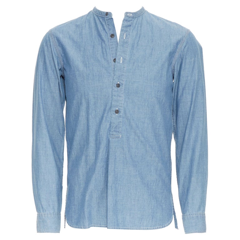 new UNIQLO LEMAIRE 100% cotton blue button front collarless long sleeve  shirt S For Sale at 1stDibs