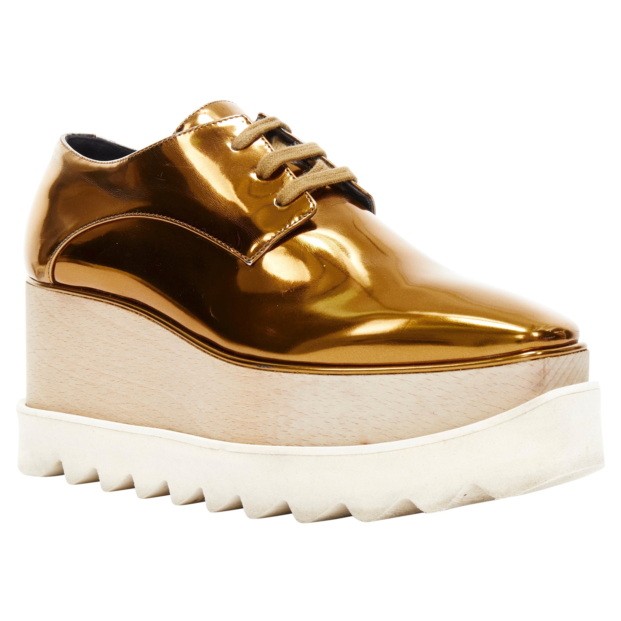 STELLA MCCARTNEY Elyse mirrored gold faux leather wooden platform brogue EU34.5 For Sale