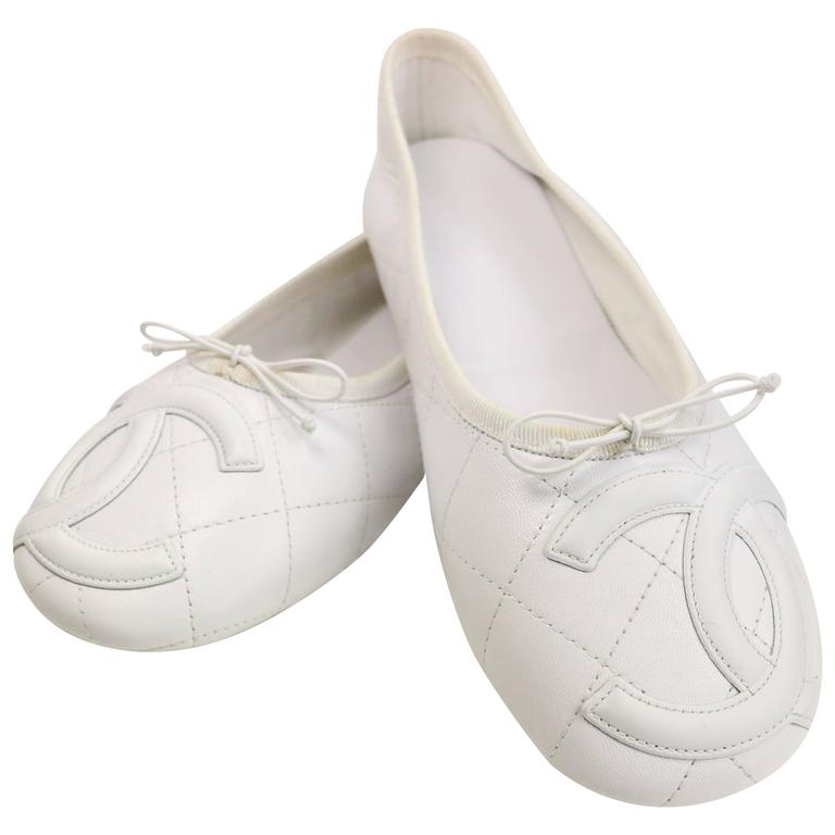 Chanel White Leather Quilted Cambon Flats at 1stDibs