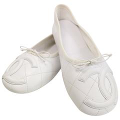 Vintage Chanel White Leather Quilted Cambon Flats 