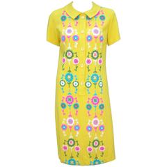1960's California Neon 'Flower Power" Embroidered Linen Shirt Dress