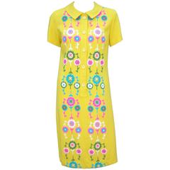 Vintage 1960's California Neon 'Flower Power" Embroidered Linen Shirt Dress