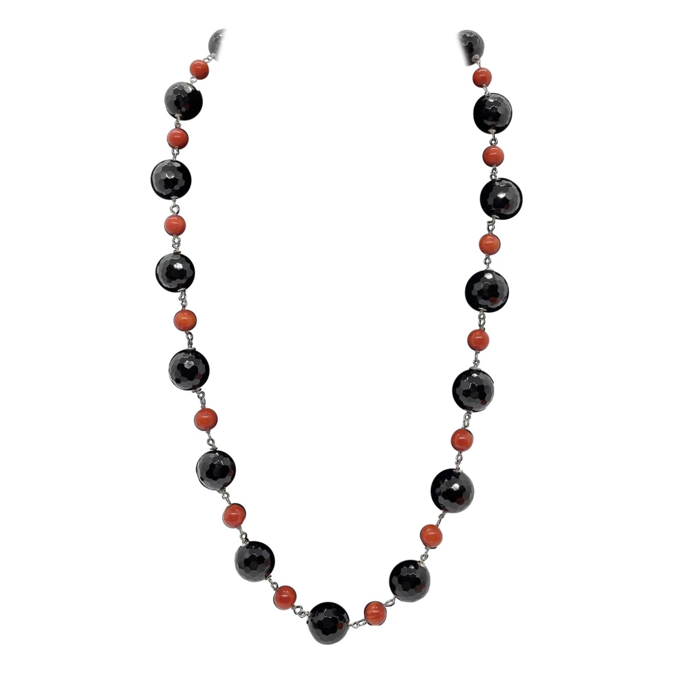 14K Gold Onyx and Coral Deco Style Beaded Necklace