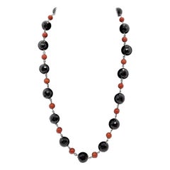 Used 14K Gold Onyx and Coral Deco Style Beaded Necklace