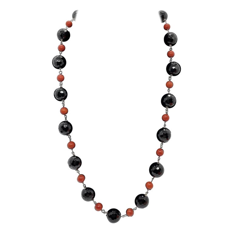 14K Gold Onyx and Coral Deco Style Beaded Necklace For Sale