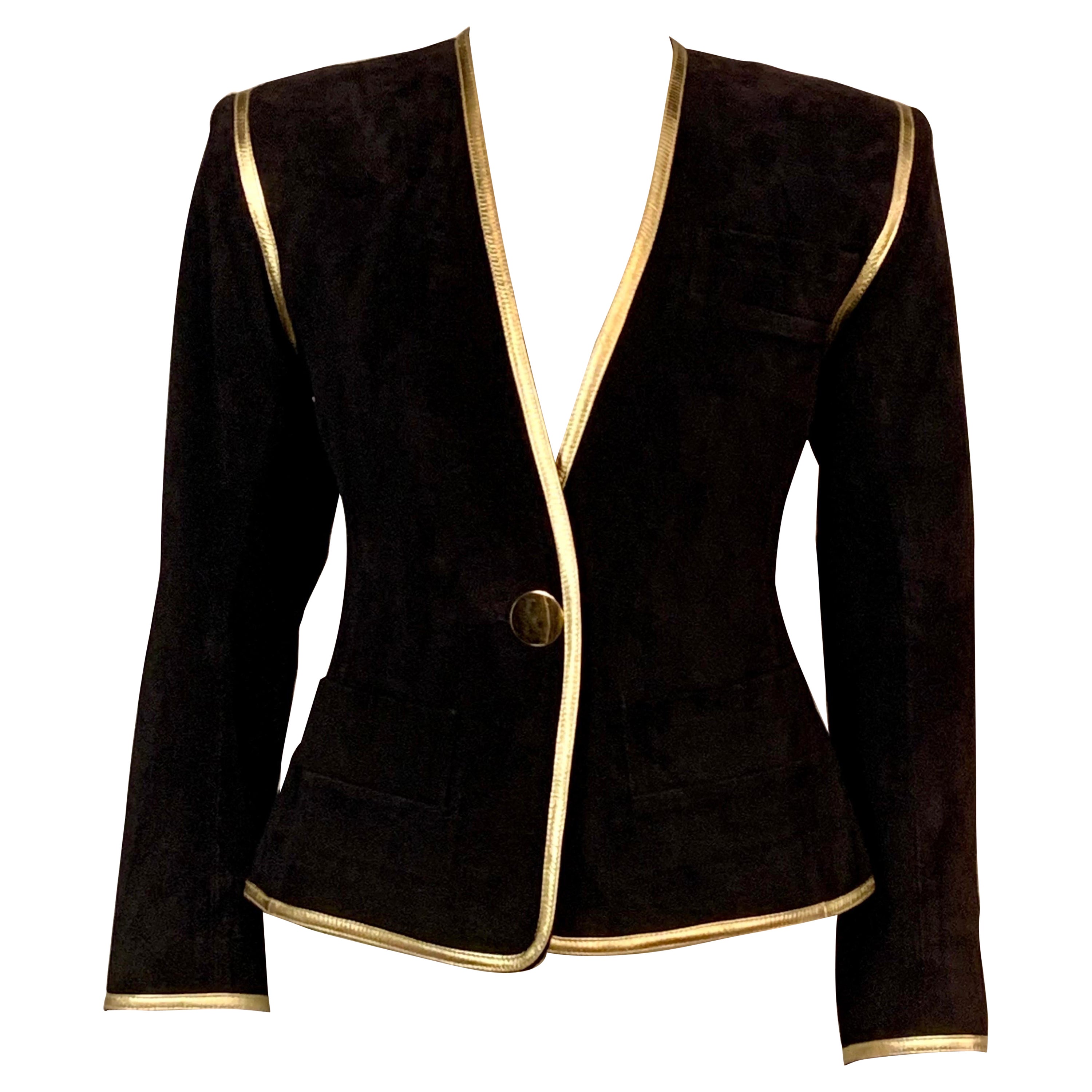 Yves Saint Laurent Black Suede Jacket with Gold Leather Trim For Sale