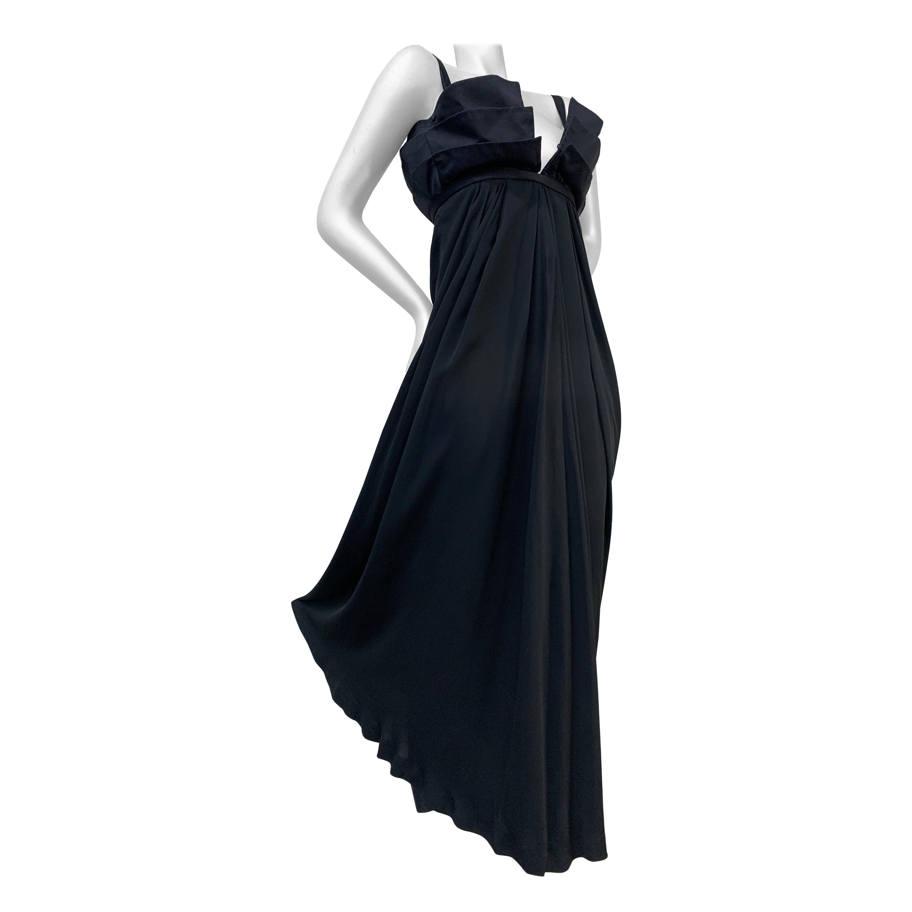 1970 Roberto Capucci Black Silk Empire Gown w Multi-Layered Structured Bodice For Sale