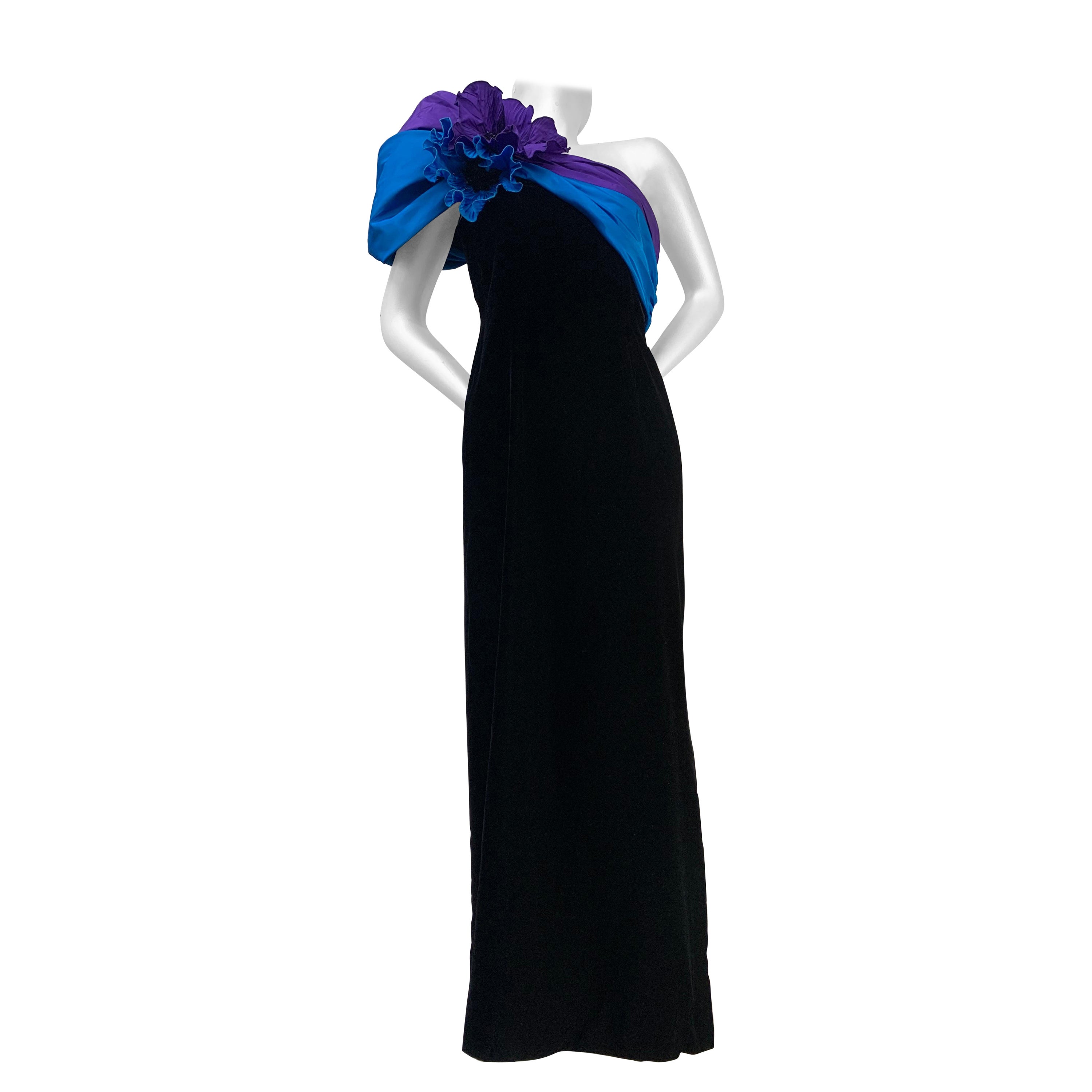 1980 Eugene Alexander Black Velvet Evening Gown w Cobalt & Purple Silk Sash  For Sale
