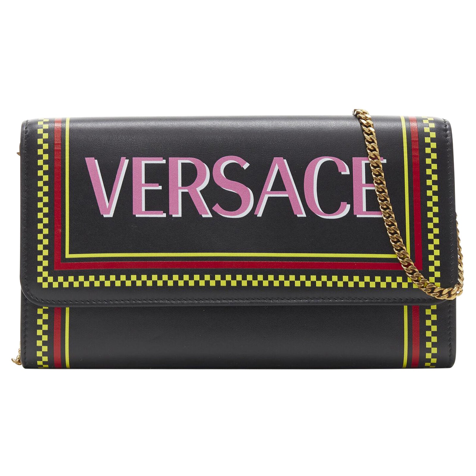 new VERSACE 90s pink logo black leather WOC flap clutch crossbody bag