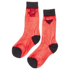 new PRADA Triangle logo red semi sheer black trimmed fine cotton knit socks