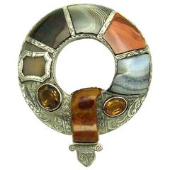 Victorian Silver Scottish Agate Cairngorm Citrine Garter Brooch Pin c1890