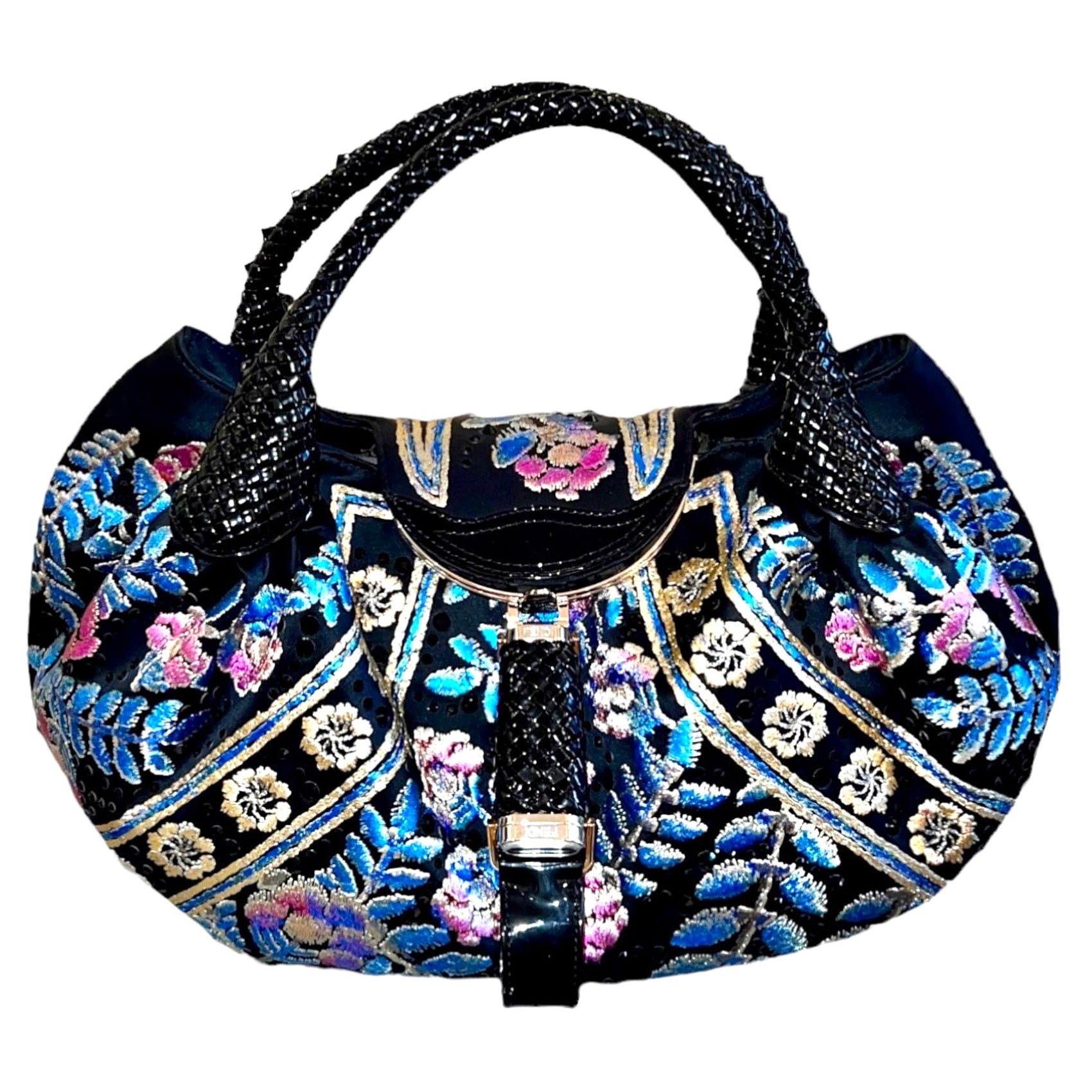 UNWORN Fendi Spy Bag Floral Hand-Embroidery Hand-Painted Black Crystals  2005 For Sale at 1stDibs