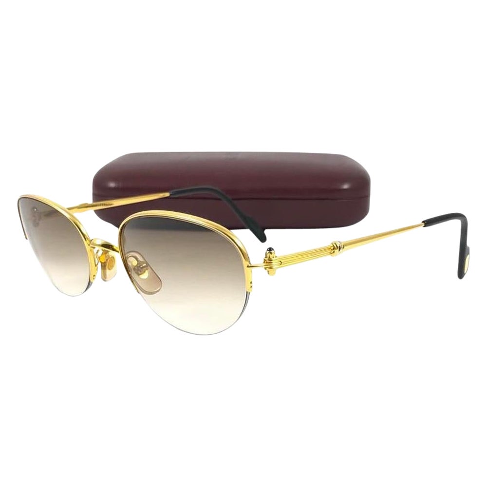 New Cartier Cabochon Half Frame 52mm Sunglasses 18k Gold Sunglasses France For Sale